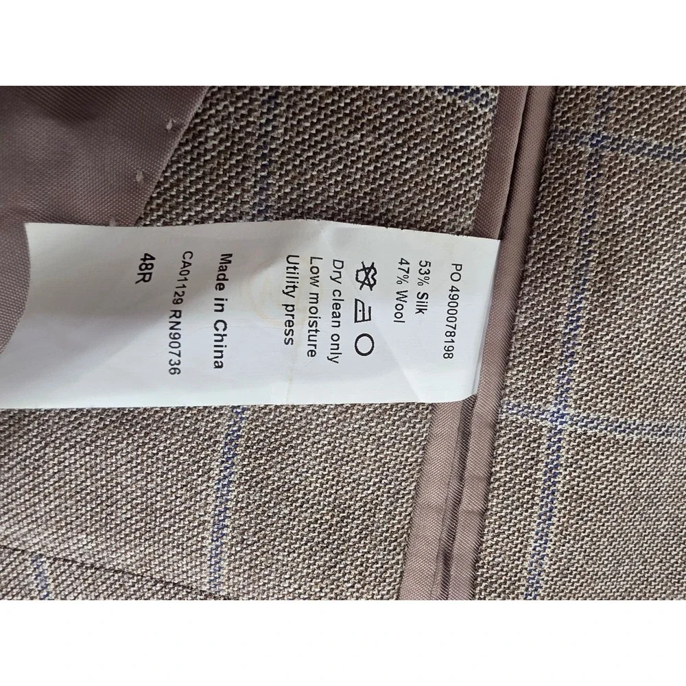 Lauren Ralph Lauren Silk Wool Blazer 48R Tan Glen Plaid Blue Windowpane Jacket
